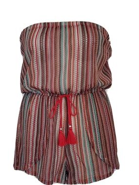 Striped Black & White Strapless Romper with Tassel Tie